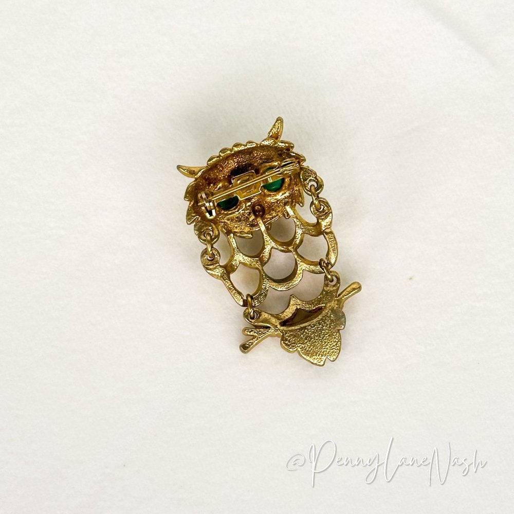 Vintage Gold Owl w/ Large Green Stone Eyes Pin Brooch - Picture 4 of 5